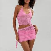 BXOXO Sexy Lace Two Piece Set Women Outfit Halter Neck Backless Crop Top And Bodycon Mini Skirt Female Club Party Dress Sets
